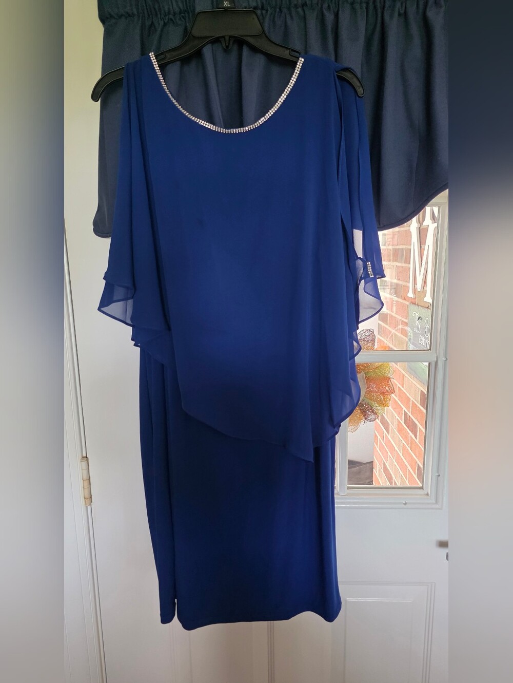 MSK Navy Blue Long Sleeve Chiffon Overlay Dress with Rhinestone Detail